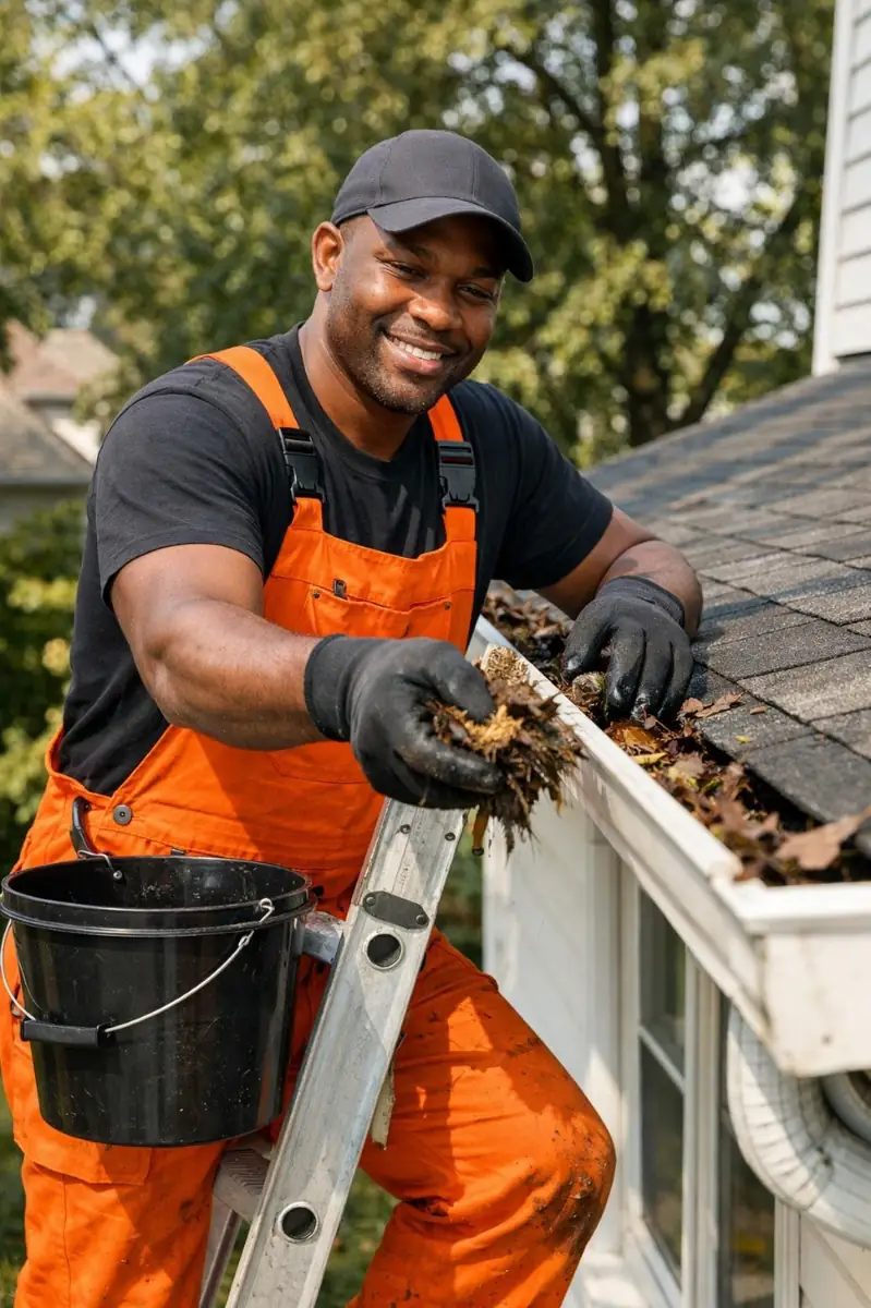 Property maintenance professional clearing leaves from a gutter